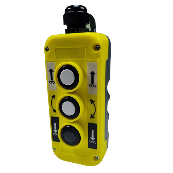 Yellow Push Button Station - Three Way with magnet, designed for tail lifts and winches, featuring three distinct buttons for industrial use.