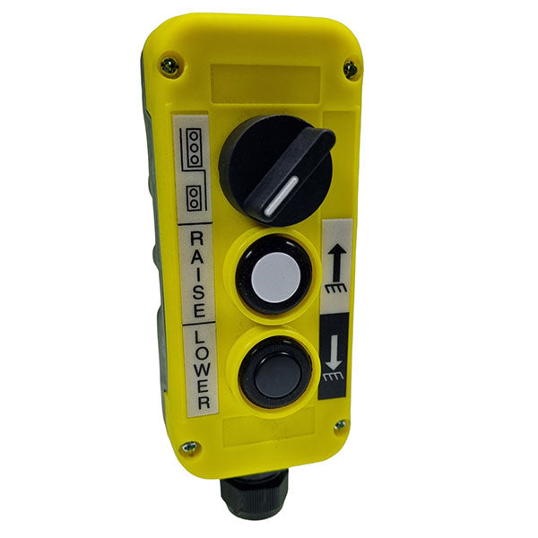 Yellow Tail Lift Control Box with three black push buttons for industrial lift control, featuring a magnet for secure attachment, suitable for tail lifts and winches.