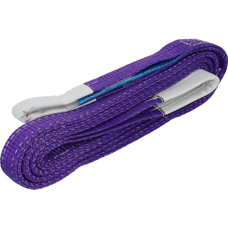 1.0 Tonne Flat Web Sling with white straps, ideal for lifting tasks; durable violet polyester with reinforced eyes, available in lengths 1m-6m.