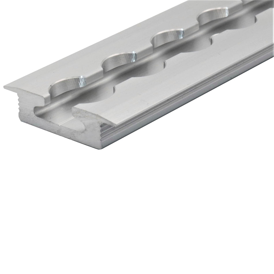 Recessed Captive Track for commercial vehicles, showcasing a close-up of its metal construction, highlighting pre-drilled holes for secure mounting.