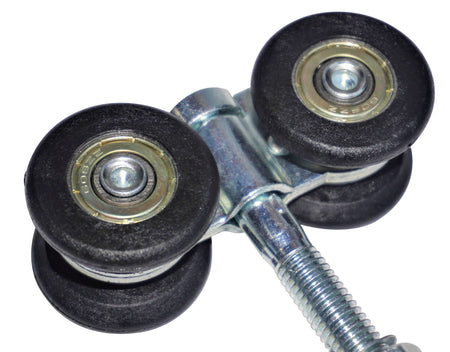 Four Wheel Steel Hanger featuring close-up of its metal wheels and rim, designed for heavy-duty HGV curtain tracks with nylon rollers and zinc-plated finish.