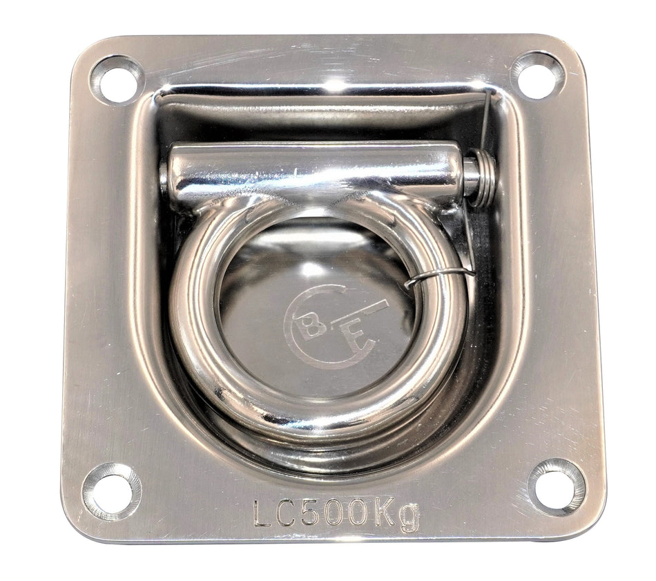 Stainless Steel Recessed Lashing Ring, featuring a metal ring with screws and recess, designed for high tensile load support in commercial trailers.