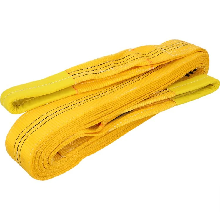 3.0 Tonne Flat Web Sling, yellow, durable polyester with reinforced eyes, designed for lifting applications, available in lengths from 1m to 6m.