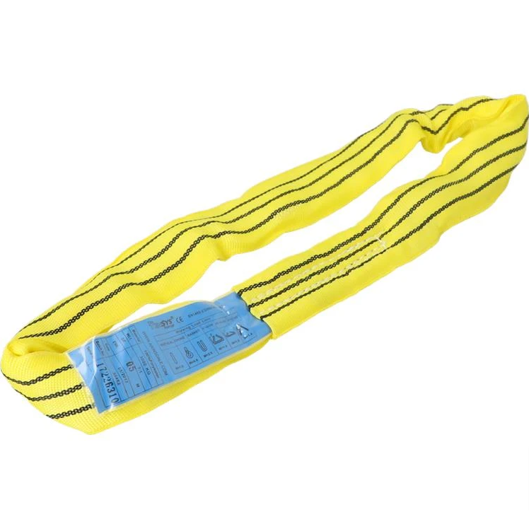 Round Sling 3 Tonne, yellow with a blue label, ideal for lifting polished, greasy, and cylindrical loads, ensuring durability and compliance with safety standards.