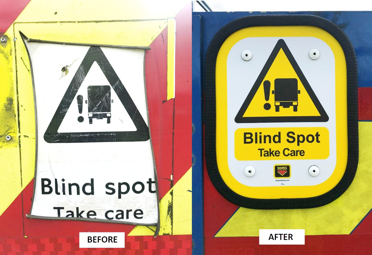 Rear Blind Spot 'Take Care' Sign, durable aluminium with vinyl face, designed for commercial vehicles to enhance cyclist safety and compliance.