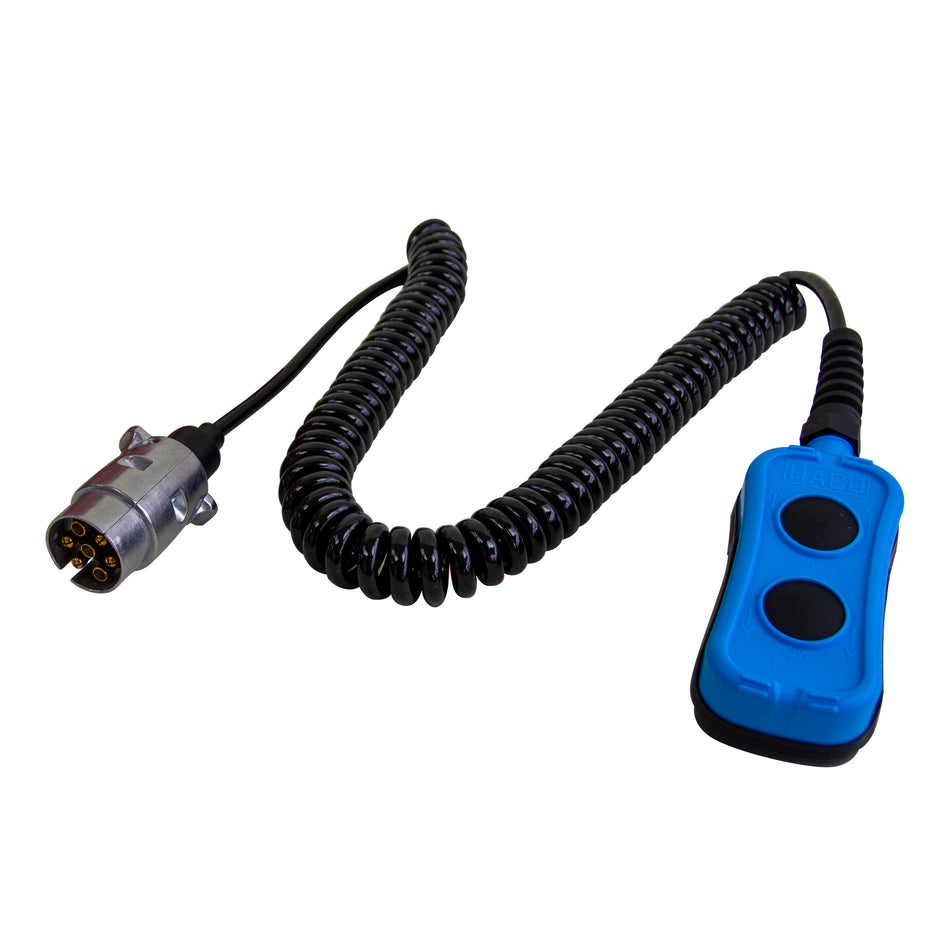 Manual control 2-button HACO for MBB Palfinger 1300135, featuring a 7-pin connector and black coiled cable, ideal for commercial trailers.