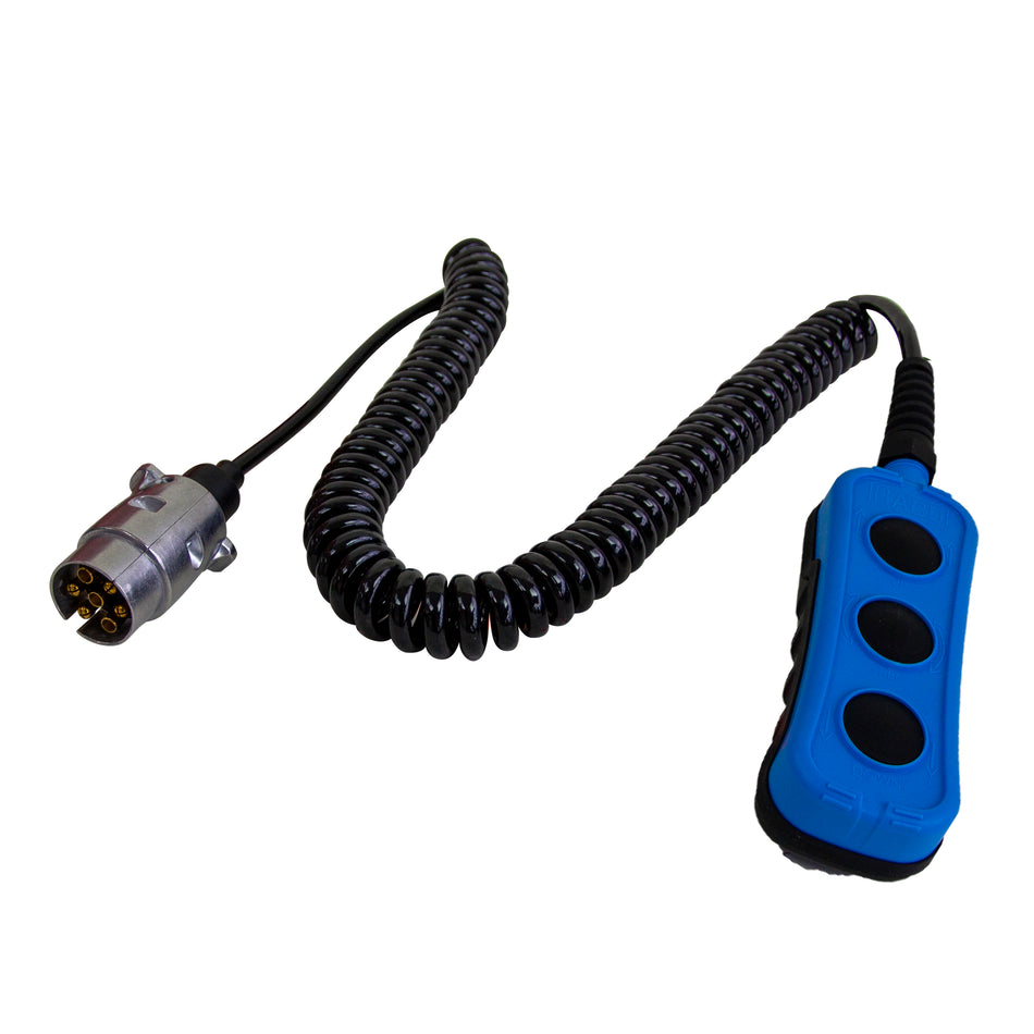 Manual control 3-button HACO for MBB Palfinger 1319559, featuring a coiled cable with 7-pin connector for commercial vehicles.