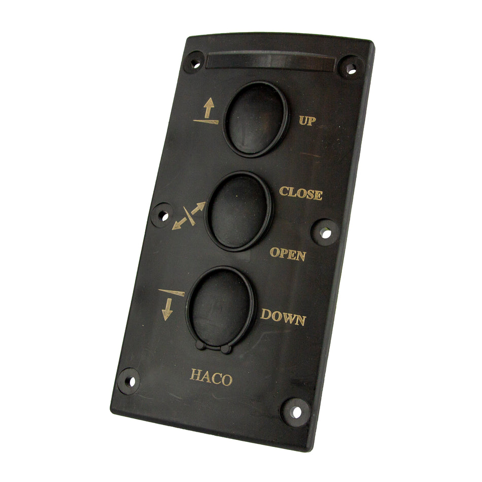 HACO 3-button control panel for Dhollandia tail lifts, featuring interchangeable compatibility with multiple Zepro parts, suitable for commercial trailer applications.