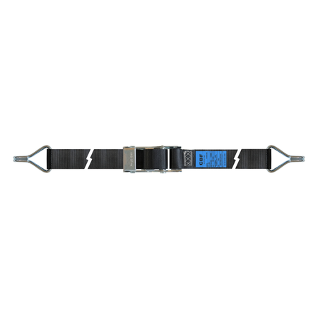 Arctic-Guard Restraint Strap with claw hooks and blue label, designed for load restraint on bulkheads, available in four sizes.