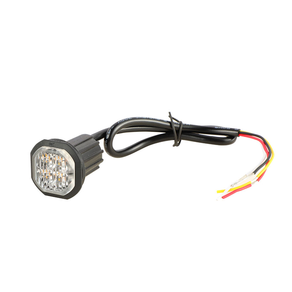 Button Blast LED Warning Lights - Amber (Pair), featuring high-powered LEDs with discreet design, visible close-up of wiring and light components, ideal for versatile vehicle installation.