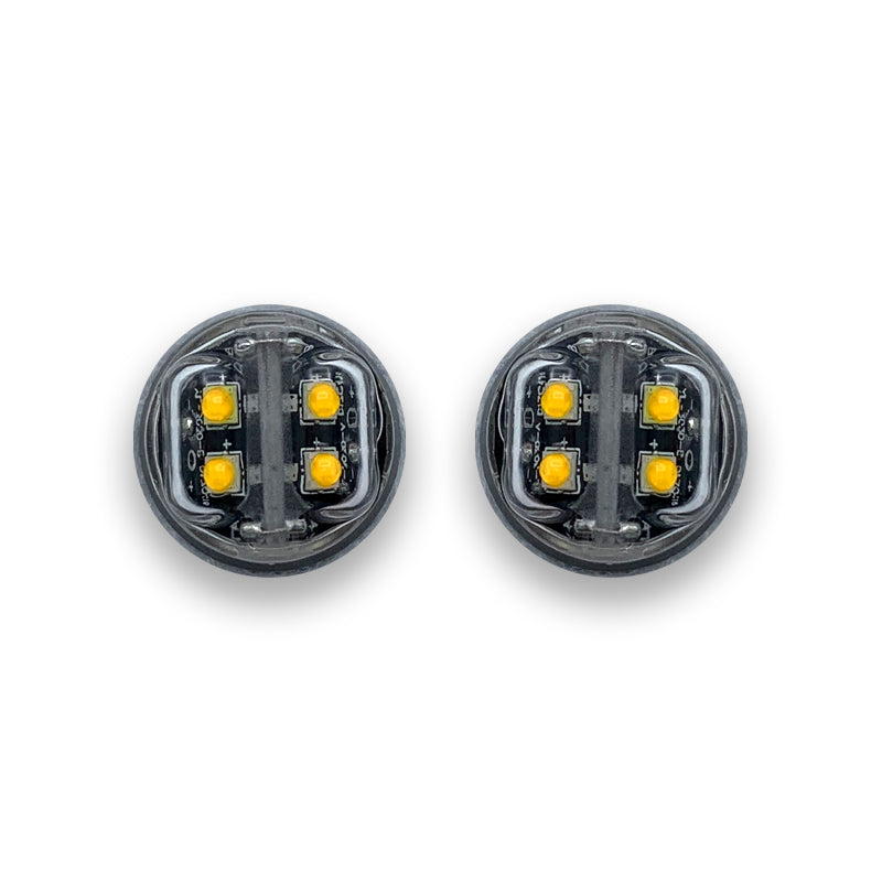 Hide Away Covert AMBER LED Light Kit, featuring two round, recessed lights with high-powered LEDs for discreet vehicle installation. Includes control box and flash pattern options.