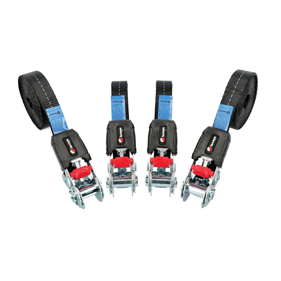 Premium 25mm wide, 250kg 5m endless ratchet strap with soft grip moulded handle, featuring a single-part system and durable polyester webbing, pack of 4.