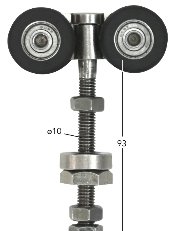 Four Wheel Steel Hanger with black nylon rollers and internal bearings, designed for HGV curtain tracks, featuring a zinc-plated finish and attachment bolt.