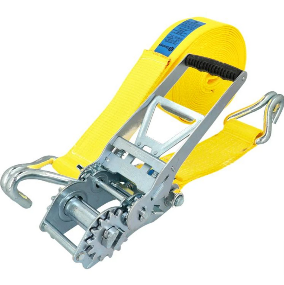 10,000kg ERGO Ratchet Strap with Claw Hooks, featuring a robust yellow strap and metal handle, ideal for heavy-duty transport applications.