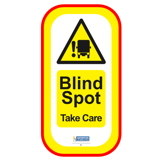 Rear Blind Spot 'Take Care' Sign with robust aluminum frame, designed for vehicle compliance and longevity, featuring clear, bold text for driver and cyclist safety.