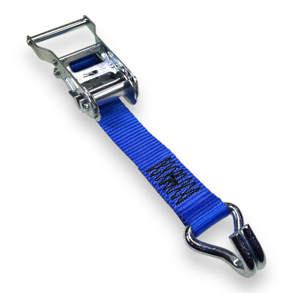 2000kg 35mm Ratchet & Tail Strap with Claw Hook End, featuring durable polyester webbing and powerful tensioner, ideal for securing loads in commercial trailers.