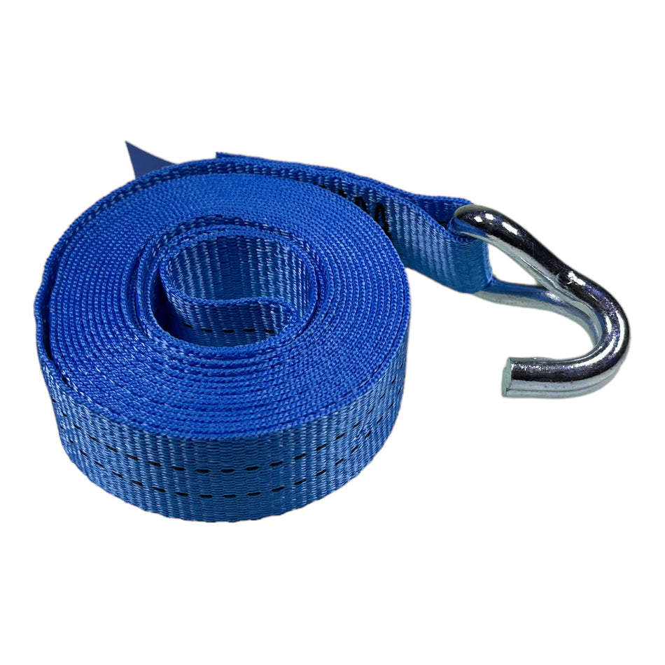 2000kg 35mm Webbing Strap with Claw Hook End, featuring a blue polyester strap with metal ring and hook, ideal for load restraint, 4 metres long.