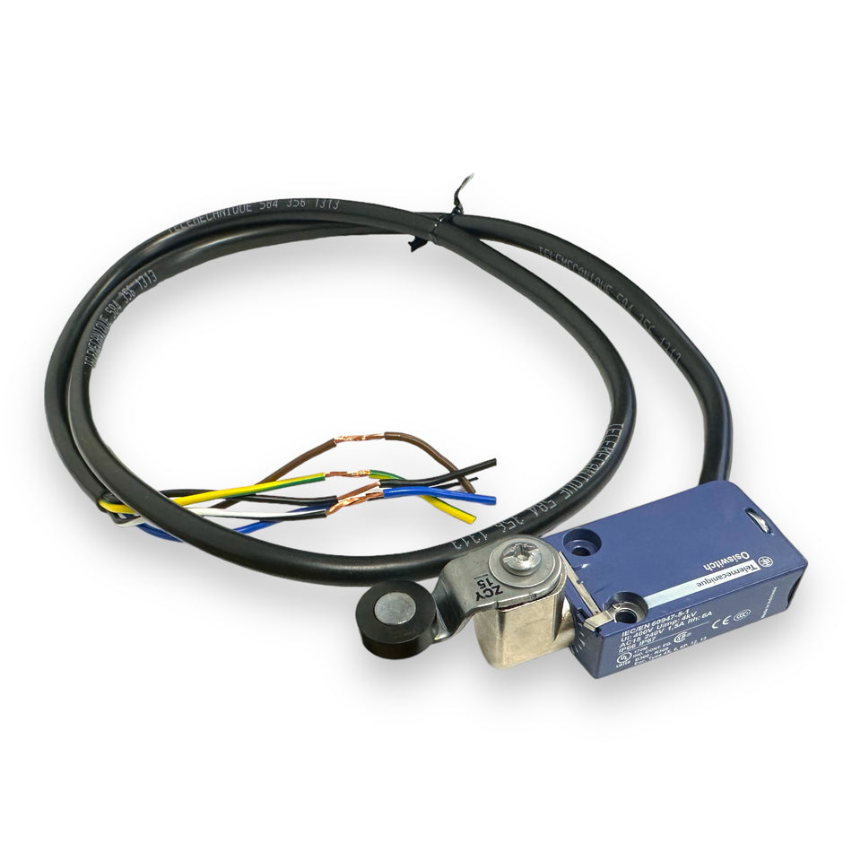 Limit Switch DHC for Dhollandia Tail Lifts featuring a blue electrical device with black wiring and connectors, essential for commercial trailer operations.