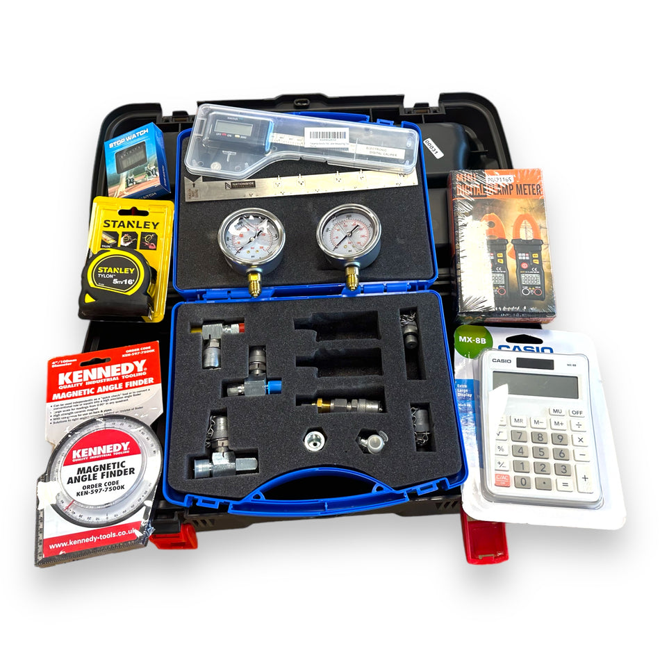 Tail Lift Engineer LOLER Test Kit featuring tools like a calculator, tape measure, and pressure test kit in a durable, lockable carry case.