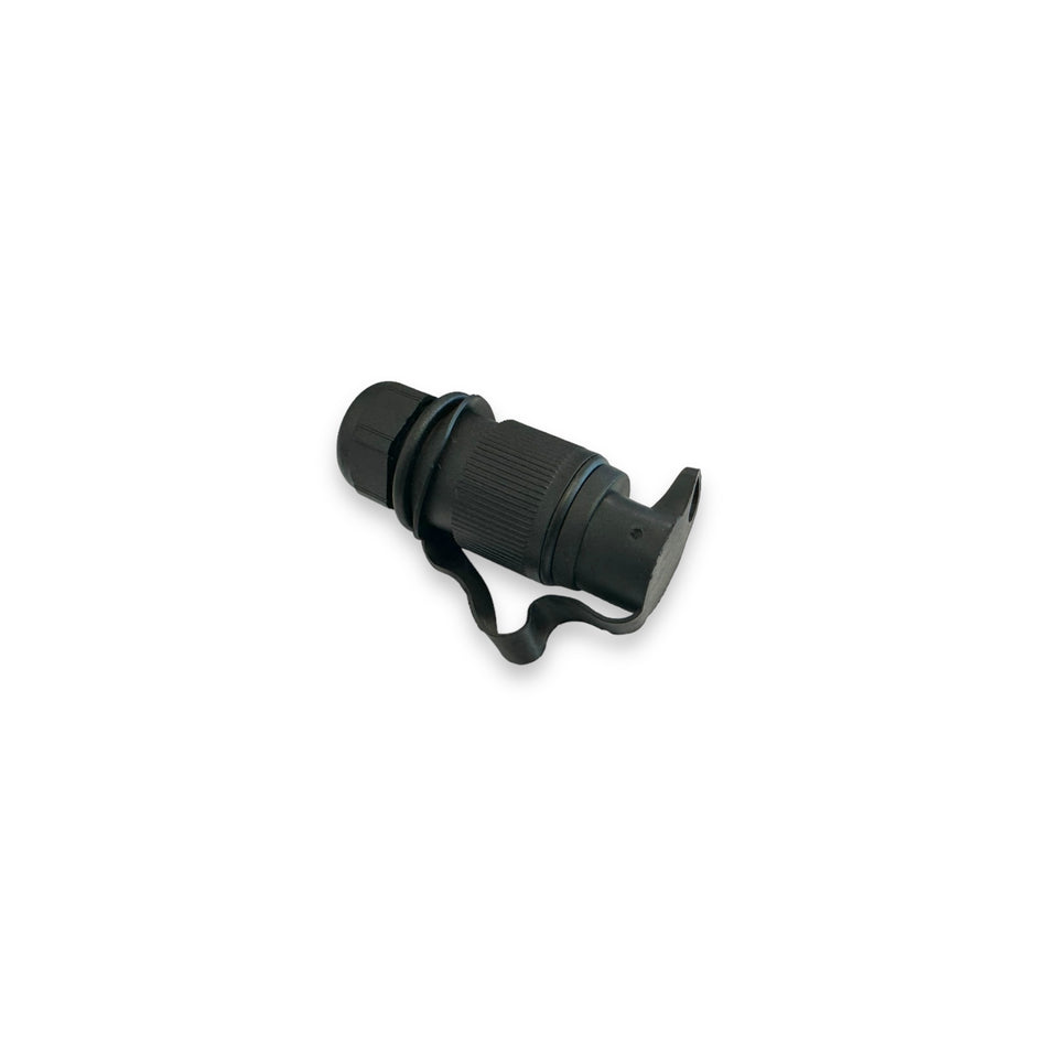 3 PIN ROUND BLACK PLASTIC PLUG 12V with strap, ideal for commercial trailers and vehicles.