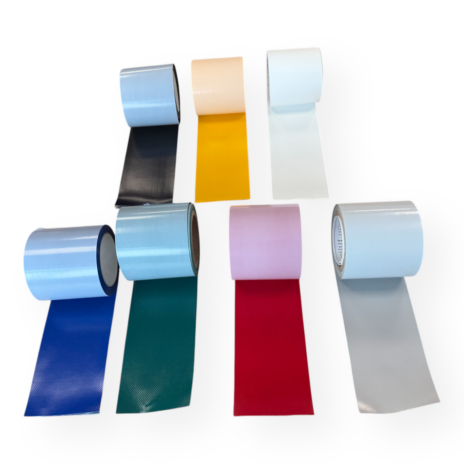 Curtain Side Adhesive Repair Rolls, 100mm wide x 5m length, displayed in various colors for durable vehicle repairs, showcased in grouped rolls.