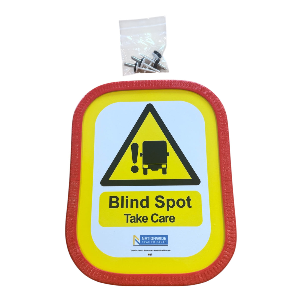 Rear Blind Spot 'Take Care' Sign with durable aluminum and vinyl face, featuring black text and symbols for vehicle safety compliance.