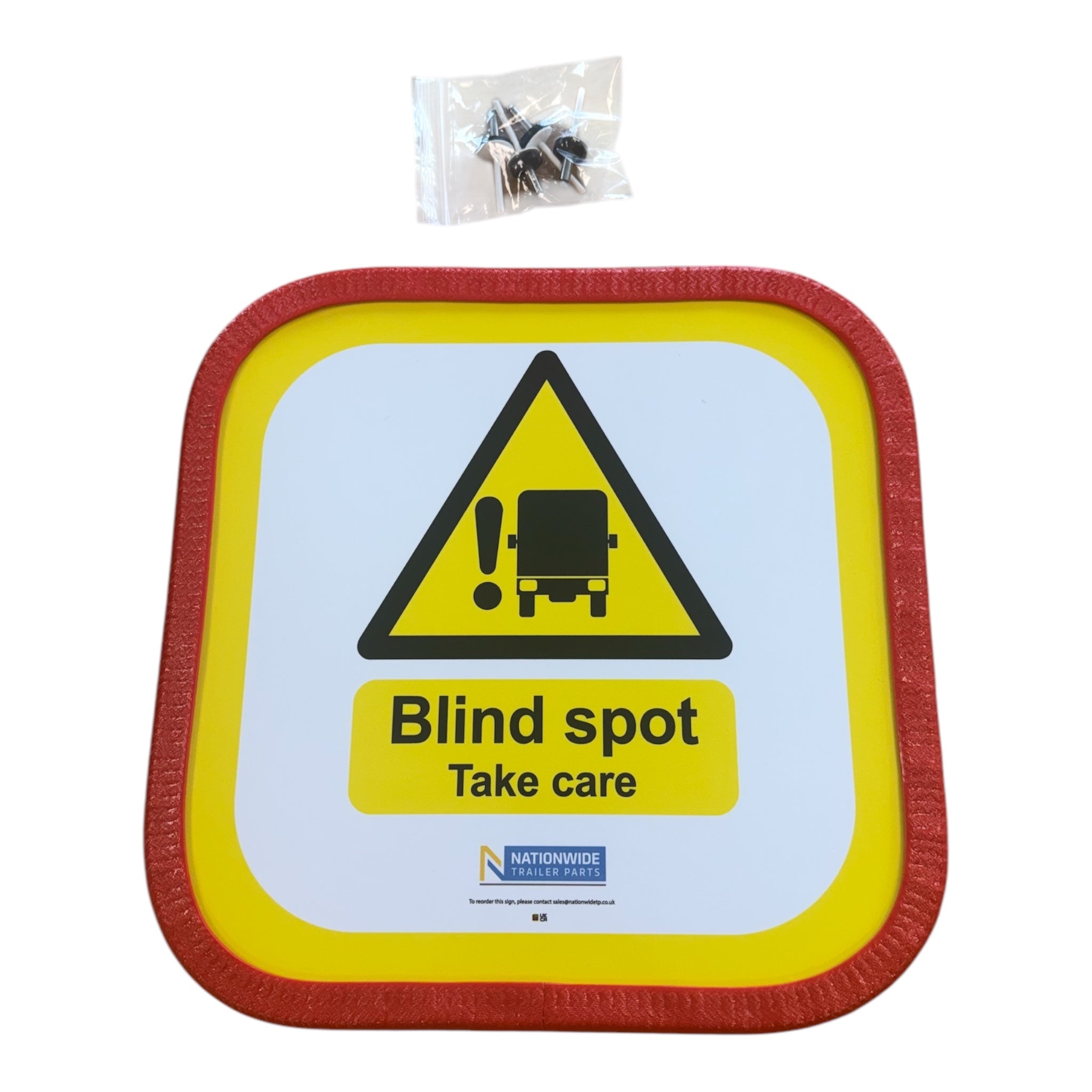 Rear Blind Spot 'Take Care' Signs on a yellow background, featuring durable aluminium with vinyl face, designed to enhance vehicle safety and compliance.