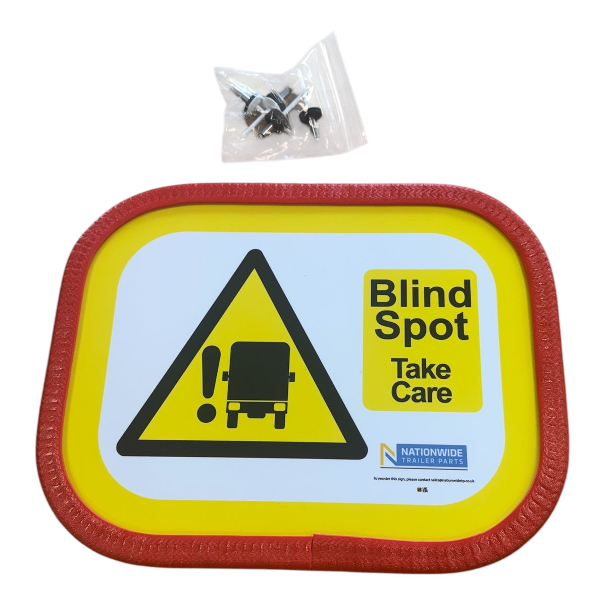 Rear Blind Spot 'Take Care' Signs with aluminum vinyl face, including screws; designed for vehicle safety compliance and durability against elements.