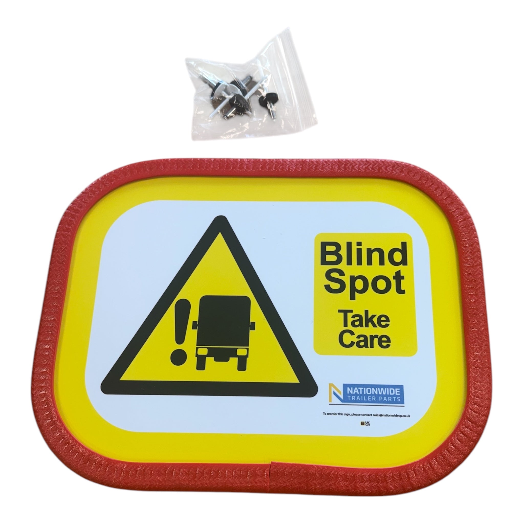 Rear Blind Spot 'Take Care' Signs with aluminum vinyl face, including screws; designed for vehicle safety compliance and durability against elements.