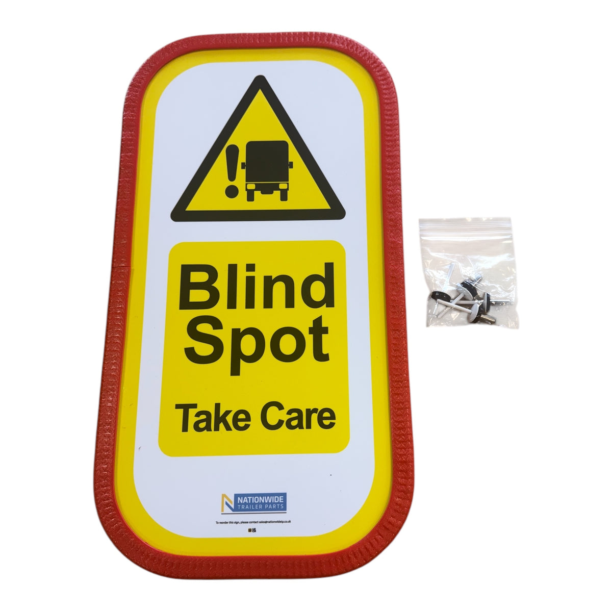 Rear Blind Spot 'Take Care' Sign with aluminum vinyl face, designed for vehicle compliance and durability, displayed beside a bag of screws.