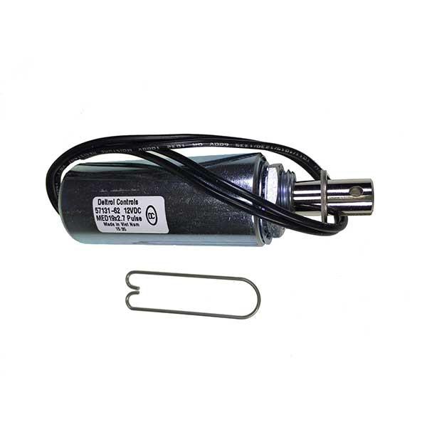 Deploy Solenoid 12V with attached black wire, designed for Ricon lifts. Essential tool for securing trailer parts, ensuring reliable function in commercial vehicles.