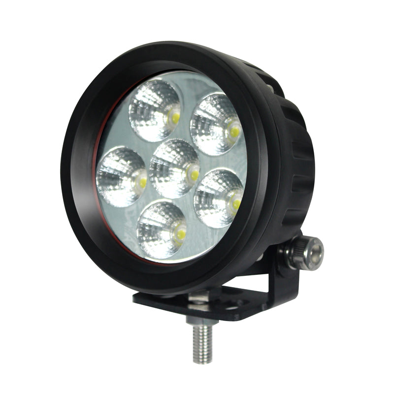 Worklight Flood or Spot Beam LED Light showcasing six high-intensity LEDs, ideal for farming applications. Features mounting bracket, waterproof design, and multiple voltage inputs for versatile use.