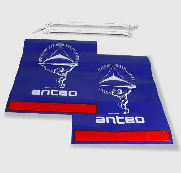 Anteo Platform Flags (pair) featuring a logo of a man lifting a bar, designed for Anteo Tail Lifts, enhancing visibility for commercial trailers.