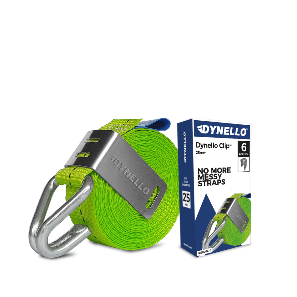 Dynello 25mm Strap Clip (6 pack) featuring a metal hook on a green strap, ideal for securing and organizing heavy-duty lashing straps efficiently.