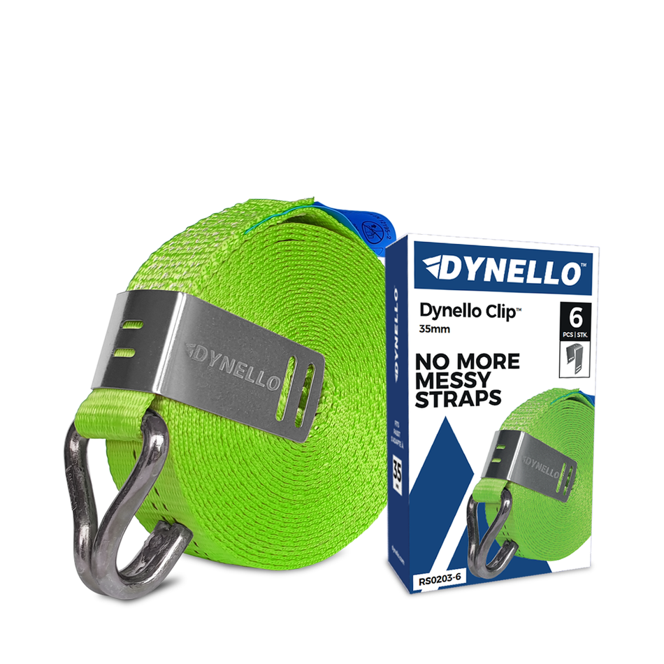 Dynello 35mm Strap Clip (6 pack) with metal buckle and hook for secure, tangle-free storage of ratchet straps, made from durable stainless steel.