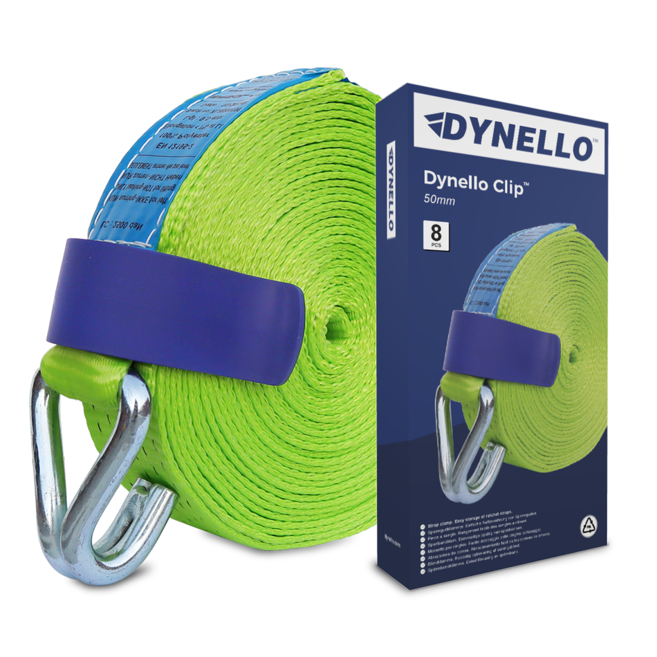 Dynello 50mm Strap Clip (8 pack) for securing lashing straps, featuring a durable, UV-resistant polymer design with an efficient hook mechanism for quick, tangle-free storage.