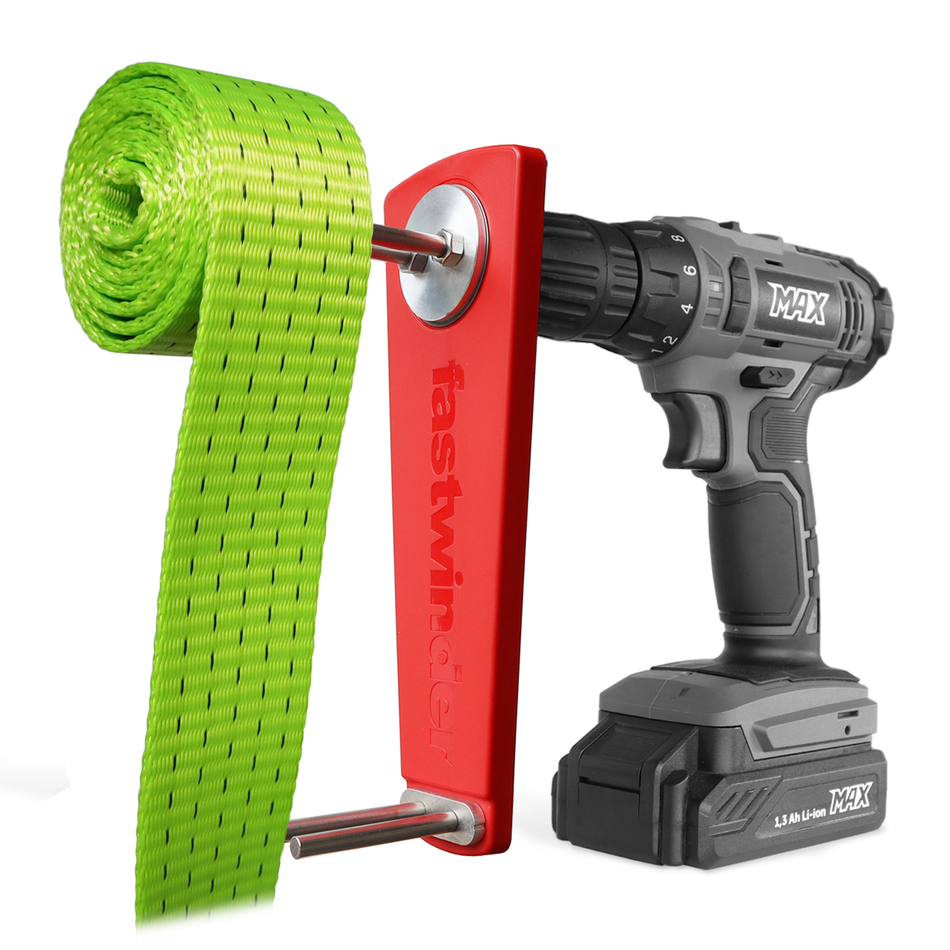 Cordless Drill Attachment Fast Strap Winder displayed with a compatible green strap, highlighting its robust design for efficient winding on commercial trailers.