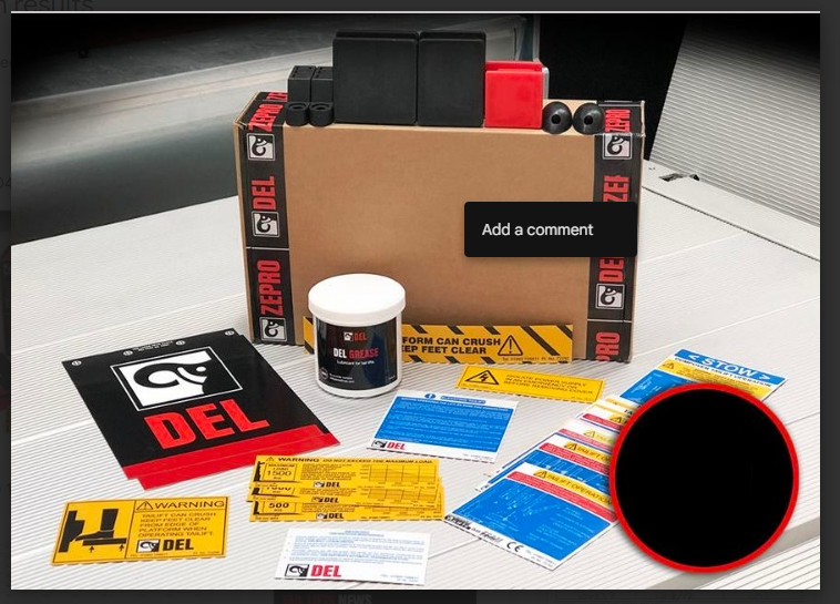 DEL Column Lift Service Kit with grease, chain spray, column caps, buffers, decals, and job sheet, shown in packaging. Ideal for servicing 500kg-1500kg lifts.