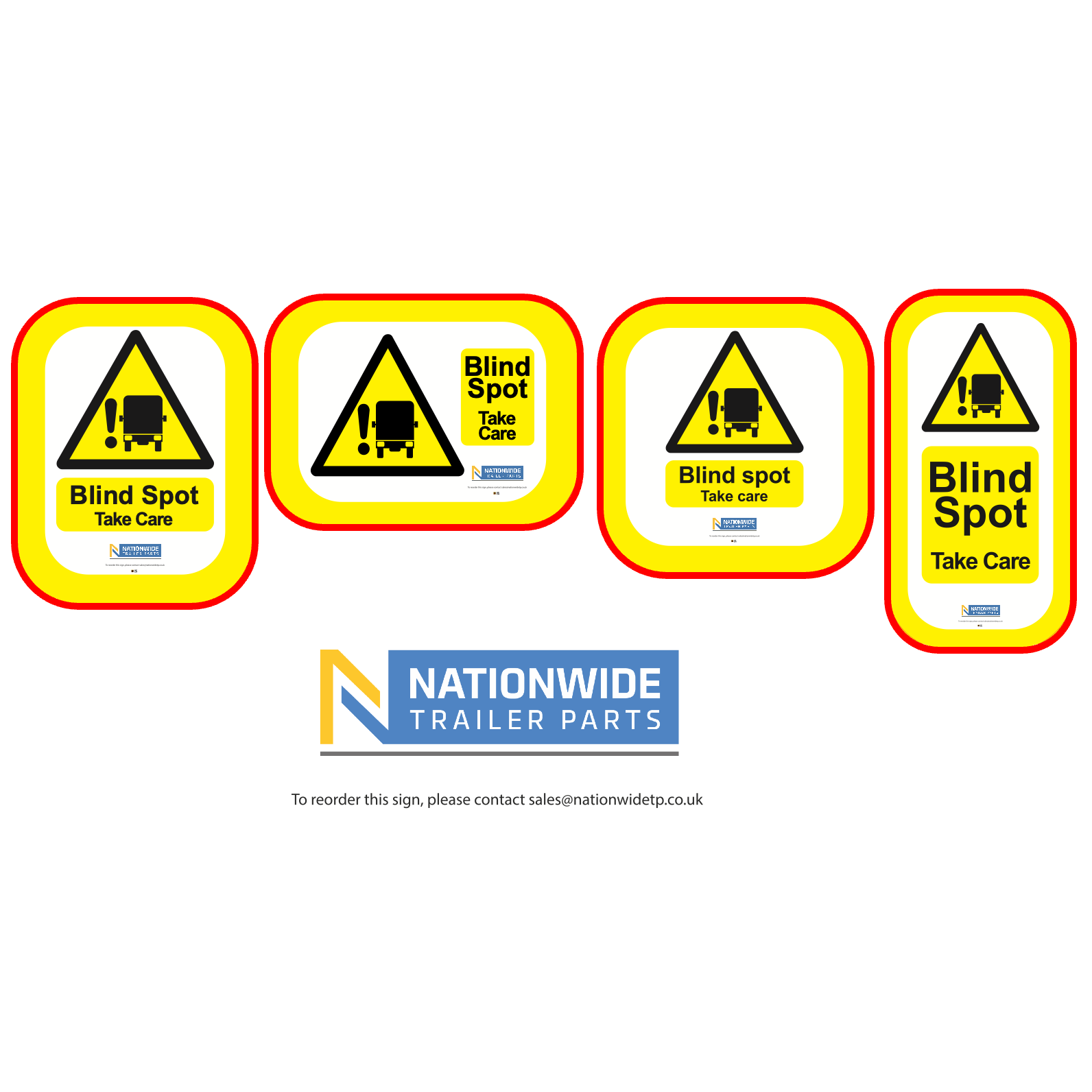 Rear Blind Spot 'Take Care' Signs for vehicles, featuring durable aluminium with vinyl face, designed for long-lasting compliance and safety in commercial fleets.