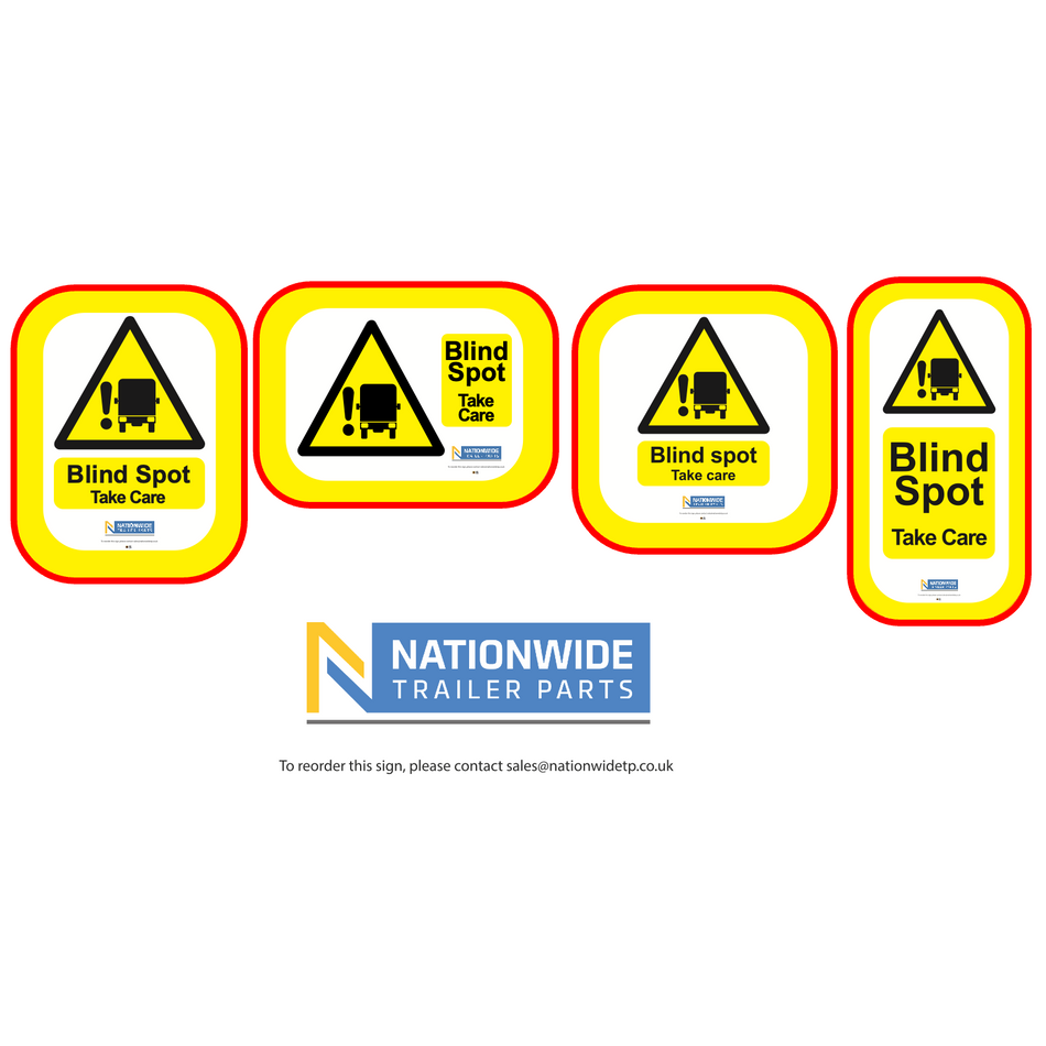 Rear Blind Spot 'Take Care' Signs for vehicles, featuring durable aluminium with vinyl face, designed for long-lasting compliance and safety in commercial fleets.