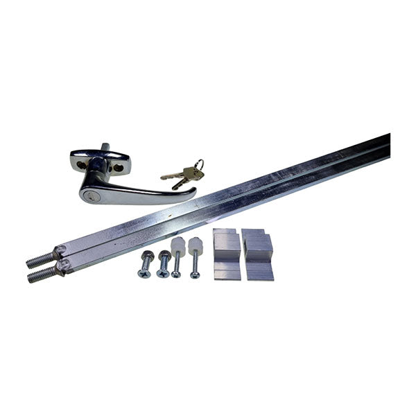 Rod Lock with L Handle for Dover Vanguard shutter doors, featuring keys, screws, rods, and brackets, ideal for secure commercial trailer applications.