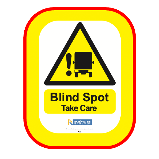 Rear Blind Spot 'Take Care' Sign with black and yellow triangle, made from durable aluminium with vinyl face, designed for vehicle safety and compliance.