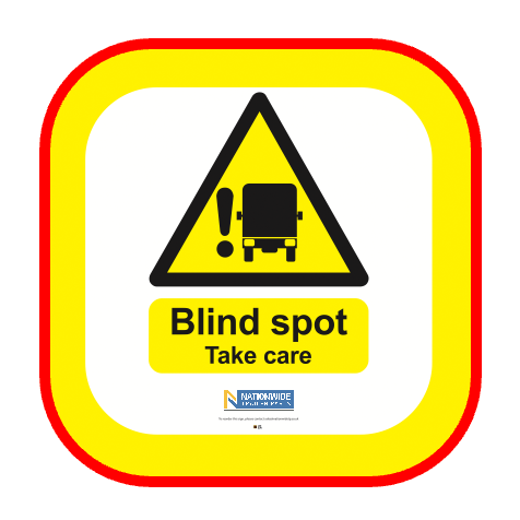 Rear Blind Spot 'Take Care' Signs featuring durable aluminium with vinyl face, designed for vehicle safety and compliance, highlighting cyclist warning to prevent accidents.