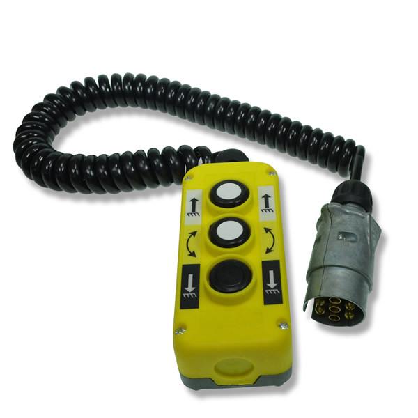 Control Box Assembly for Anteo F3 Lifts featuring a yellow remote control with black buttons and coiled cord, suited for commercial trailer operations.