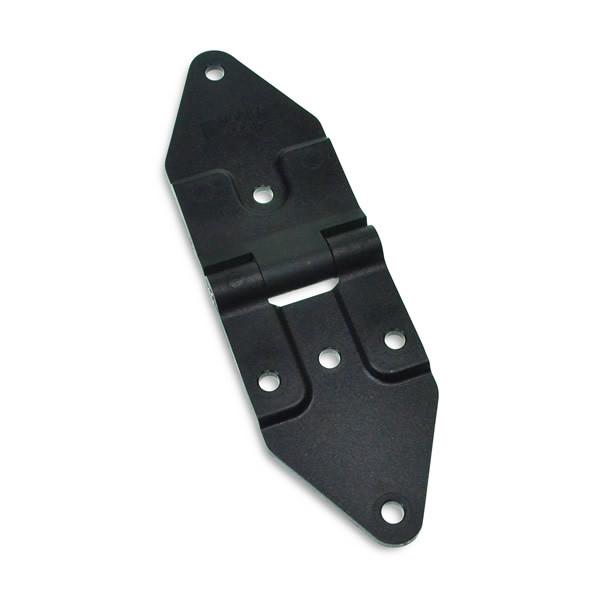 Plastic Centre Hinge - Dry Freight for mobile doors, featuring a durable black metal design with pre-drilled holes and accompanying screws. Ideal for commercial trailers.