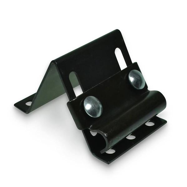 Adjustable Top Fixture for Mobile Doors, featuring a black metal bracket with two round screws, designed for commercial trailers and vehicles.