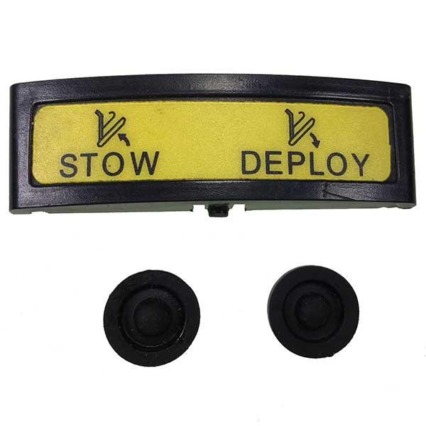 Stow / Deploy Button for Ricon handsets featuring black text on a yellow rectangular sign, suitable for commercial trailer lift systems.