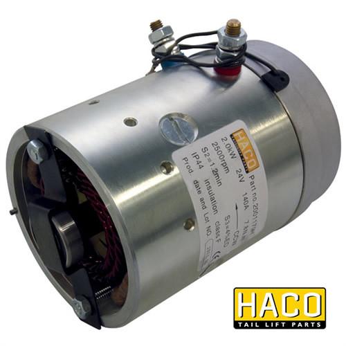 Motor 2kW 12V O F CCW HACO with wires and label, designed for Zepro 31811 & Bar Cargo 101122168, shown close-up, highlighting metal cylinder structure.