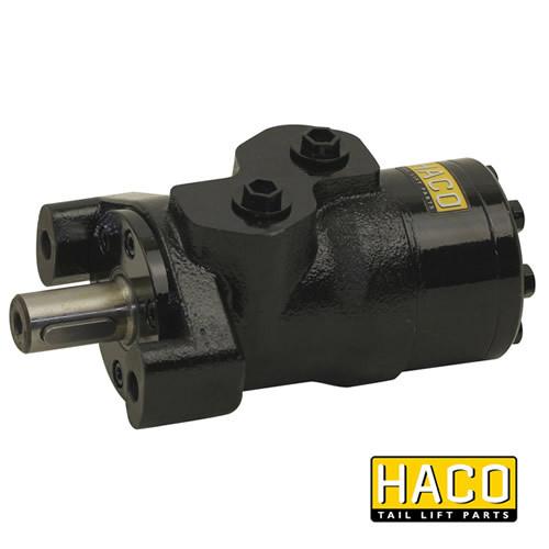 Hydro-motor SM8 HACO designed for Dhollandia Hydra Motor, featuring a black metal cylinder and shaft. Ideal for commercial trailer systems.