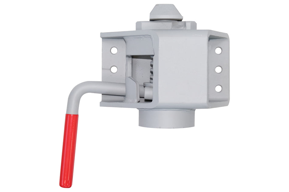 Right Hand Twist Lock for HGV trailers, featuring a red handle and fabricated steel body with 6 fixing holes, ideal for de-mountable units.